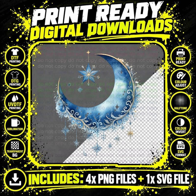 Celestial Moon & Stars Fantasy Art Winter T-Shirt Png SVG Digital Bundle