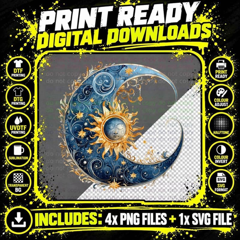 Celestial Yin Yang Sun Moon Stars Winter T-Shirt Png SVG Digital Bundle