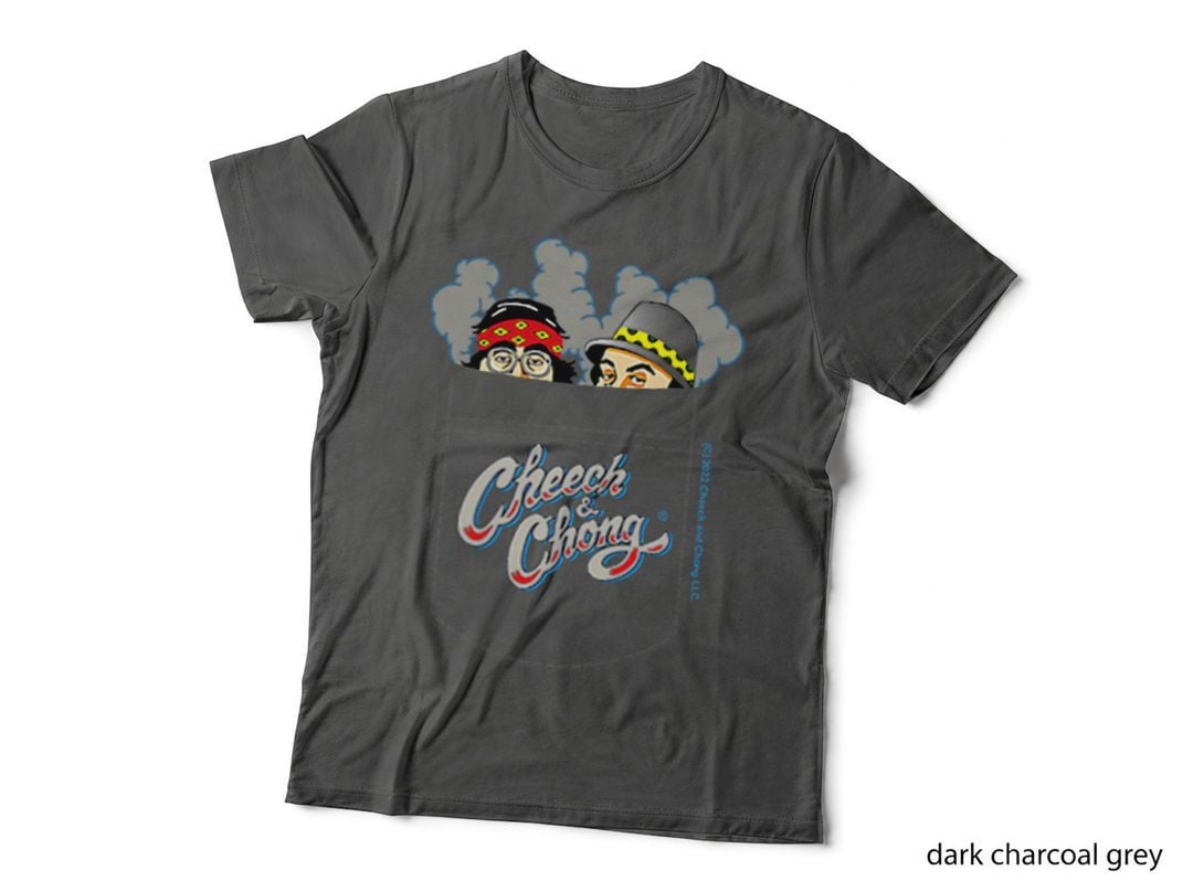 Cheech & Chong Smoking & Peeking from Chest Faux Pocket T-Shirt