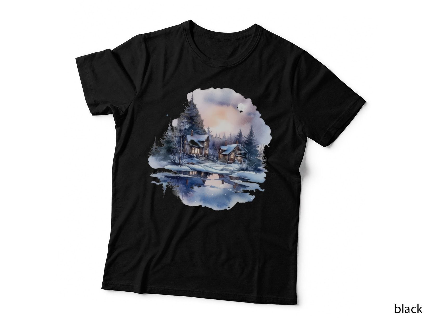 Cozy Winter Cabin Reflections Winter T-Shirt, Winter Graphic Tee
