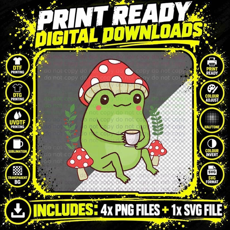 Cute Frog Drinking Tea Mushroom Hat Cottagecore Png SVG Digital Bundle
