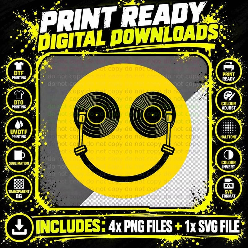 Disc Jockey Smile DJ, Musician Gift, Party, EDM Style Png SVG Digital Bundle