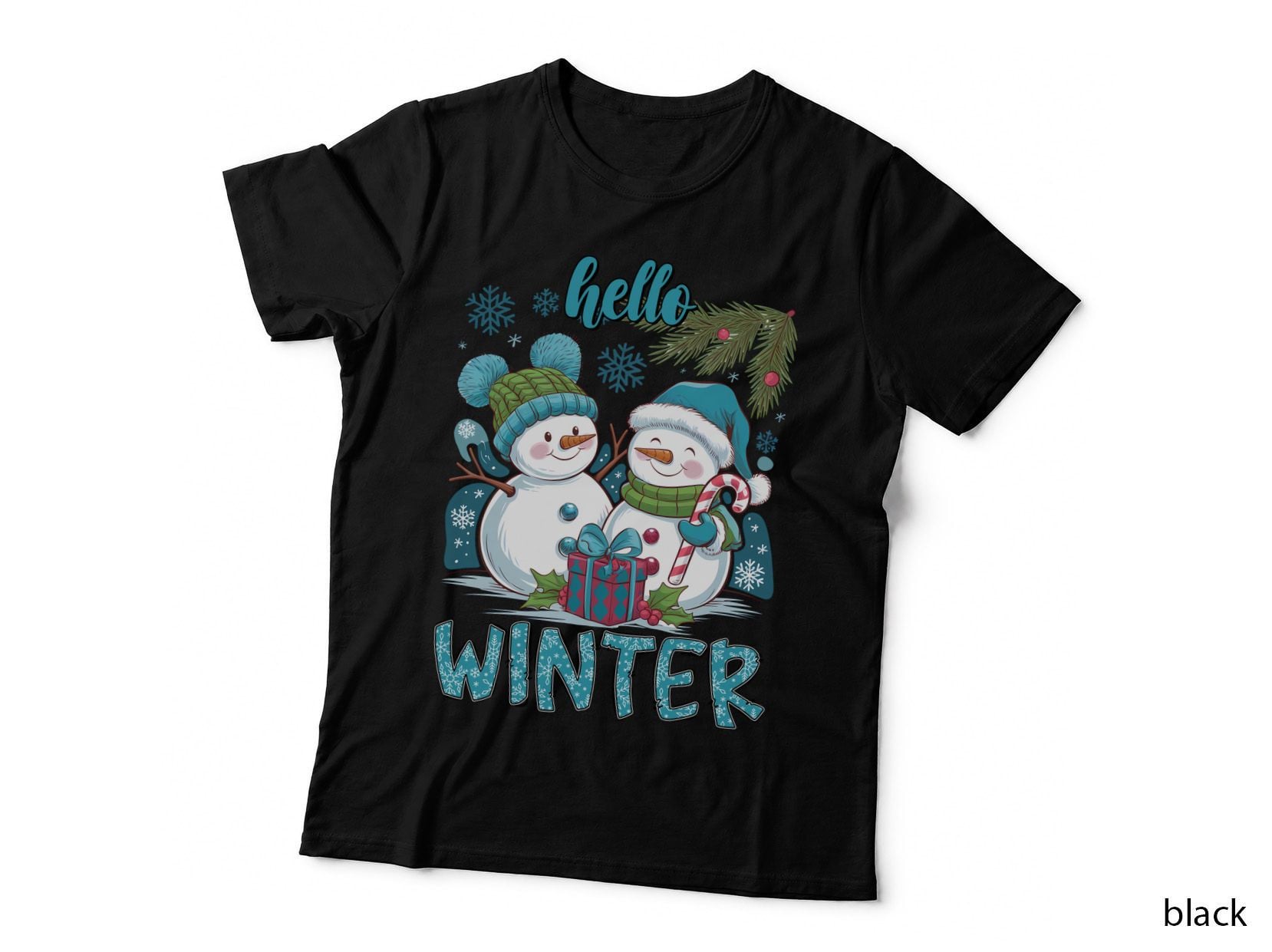 Hello Winter T-Shirt, Two Snowmen with Candy Cane and Gift Graphic Tee