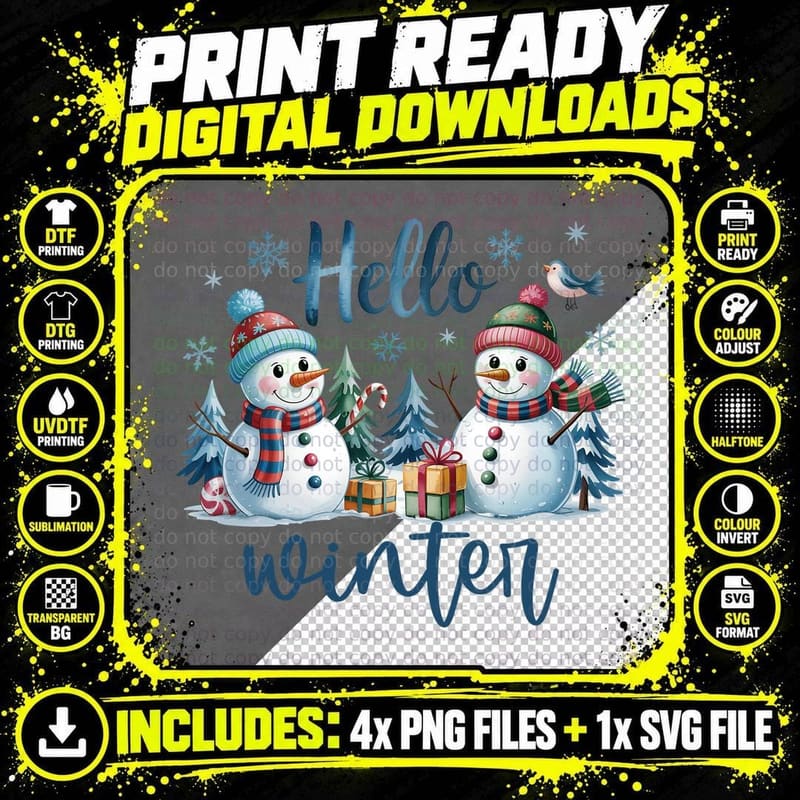 Hello Winter T-Shirt, Winter Snowmen with Gifts and Png SVG Digital Bundle