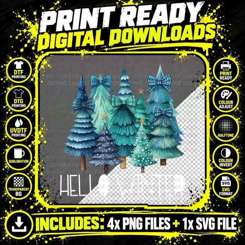 Hello Winter T-Shirt, Winter Trees with Bows Graphic Tee Png SVG Digital Bundle