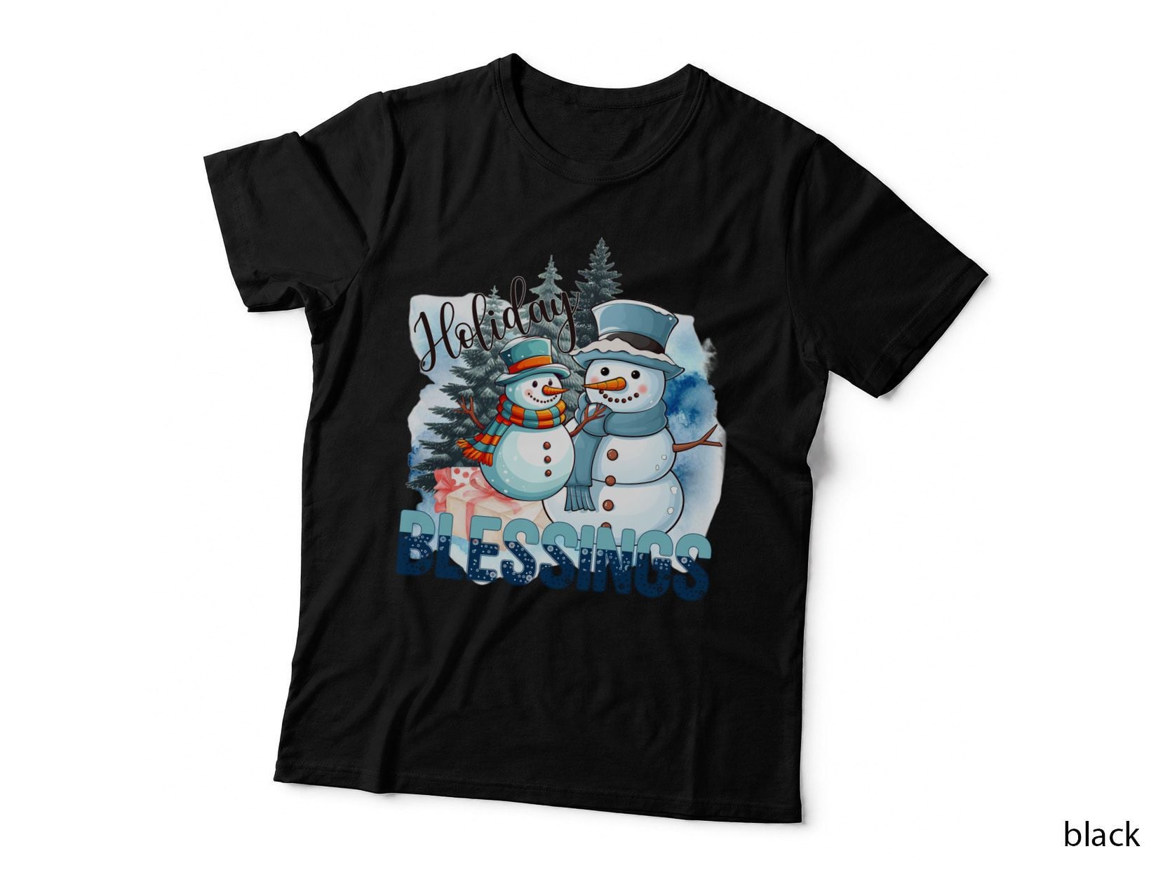 Holiday Blessings Winter T-Shirt, Snowmen in Winter Scene with Gifts Graphic