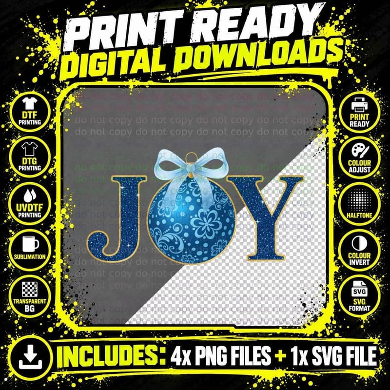 Joy Winter T-Shirt, Blue Glitter Ornament with Bow Png SVG Digital Bundle