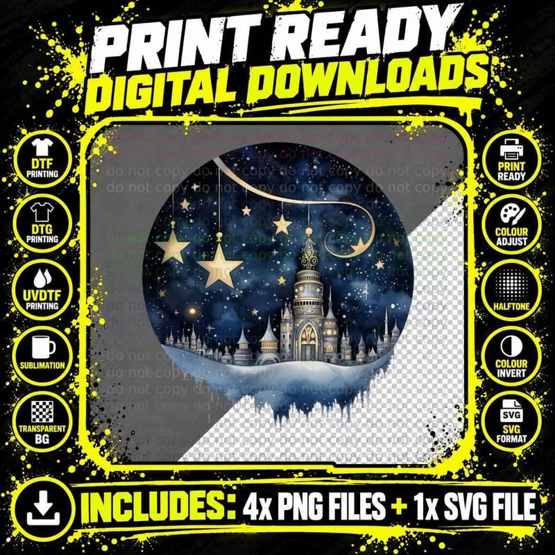 Starlit Castle in Moonlight Winter T-Shirt Png SVG Digital Bundle
