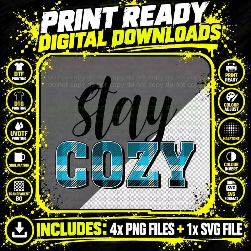 Stay Cozy Winter T-Shirt, Plaid Patterned Letters on Png SVG Digital Bundle