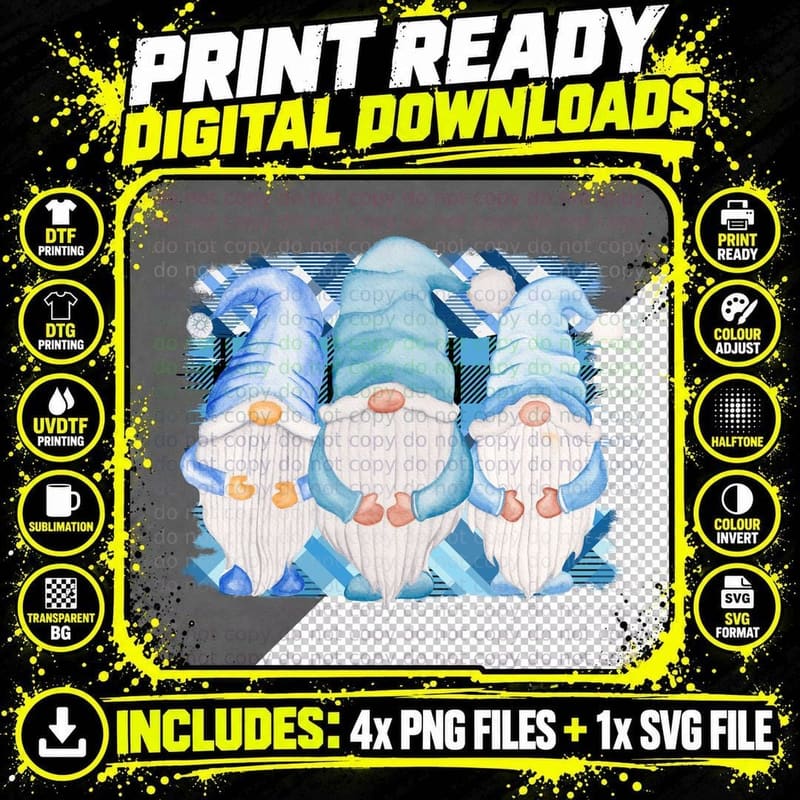 Three Blue Gnomes on Plaid Background Winter T-Shirt Png SVG Digital Bundle