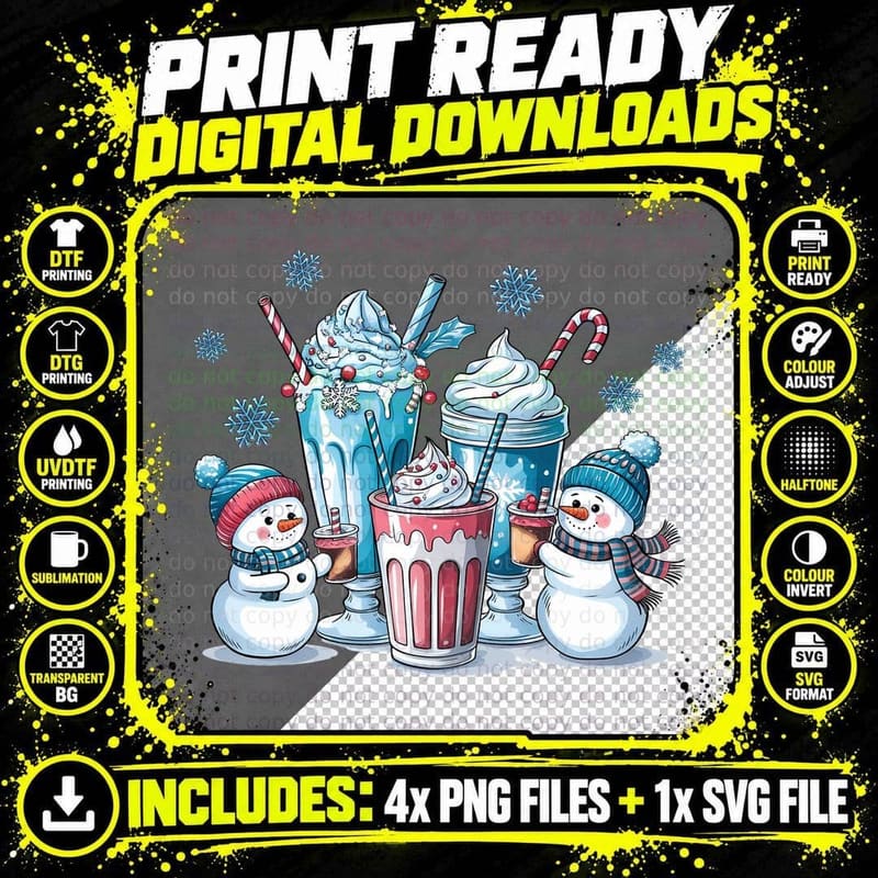 Winter Milkshakes with Snowmen Winter T-Shirt Png SVG Digital Bundle