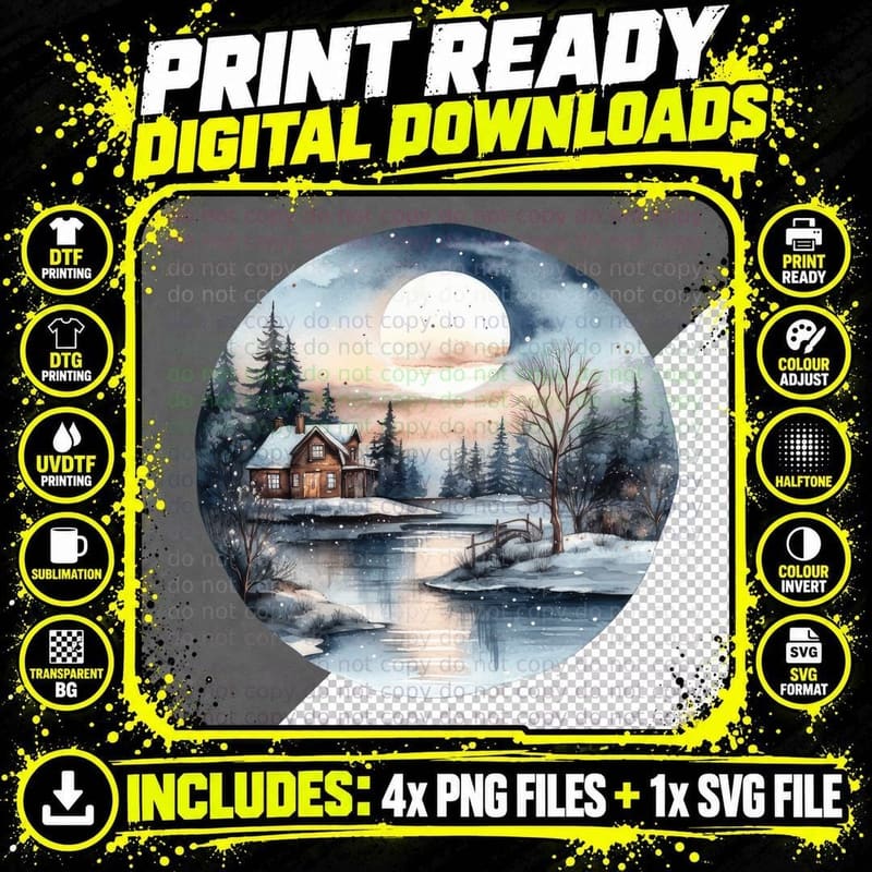 Winter Night Cabin Scene with Moonlight Winter T-Shirt Png SVG Digital Bundle