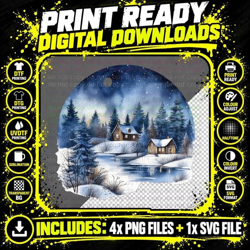 Winter Night Cabin Scene with Snow-Covered Trees Winter Png SVG Digital Bundle