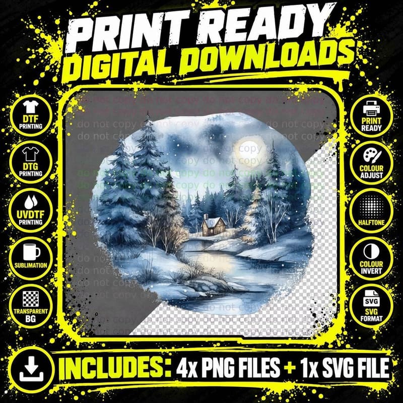 Winter Night Cabin Snow Moonlight Winter T-Shirt Png SVG Digital Bundle
