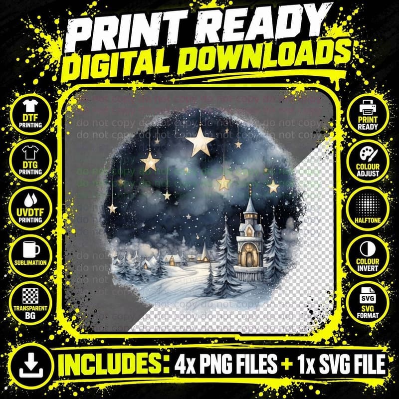 Winter Night Castle Snow Stars Winter T-Shirt Png SVG Digital Bundle