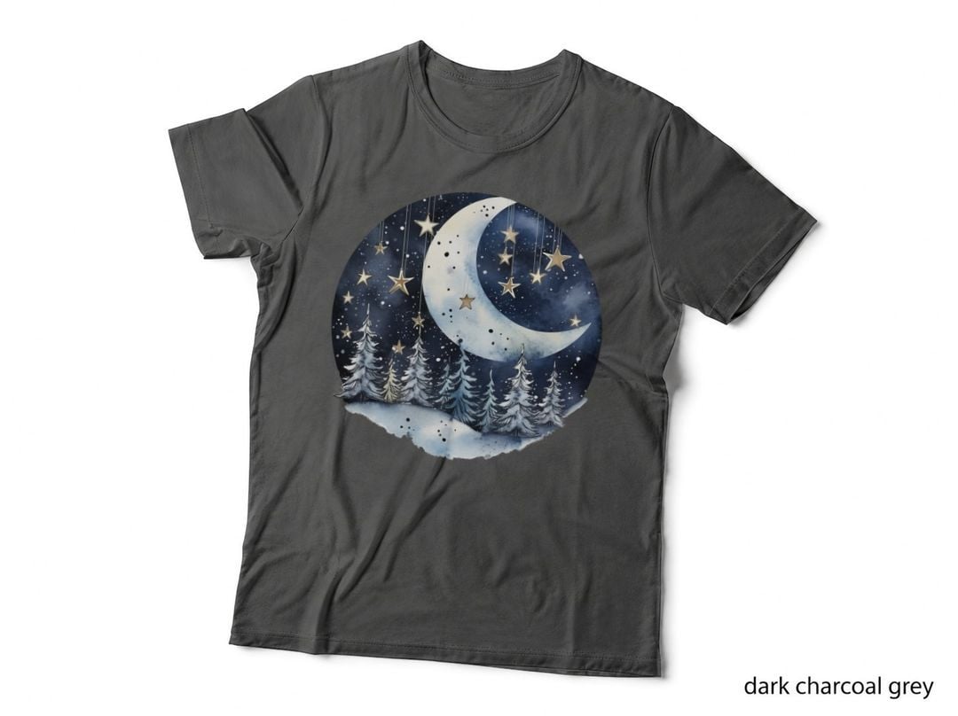 Winter Night Sky with Crescent Moon and Stars Winter T-Shirt
