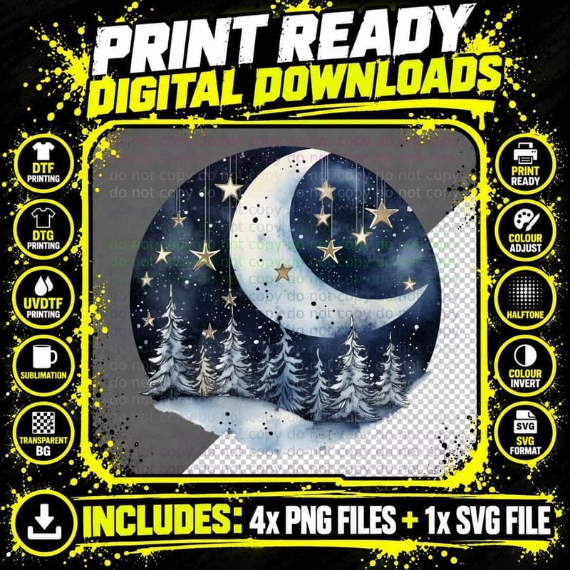 Winter Night Sky with Crescent Moon and Stars Winter Png SVG Digital Bundle