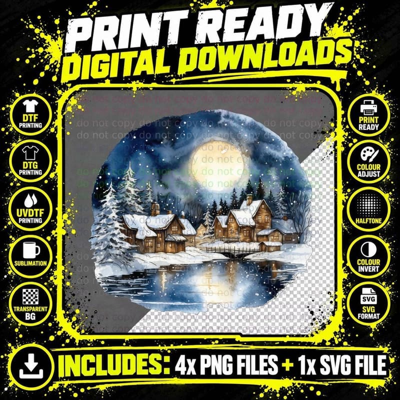 Winter Night Village Scene with Snow-Covered Houses Png SVG Digital Bundle