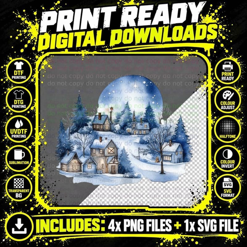 Winter Village Snowfall Night Winter T-Shirt Png SVG Digital Bundle