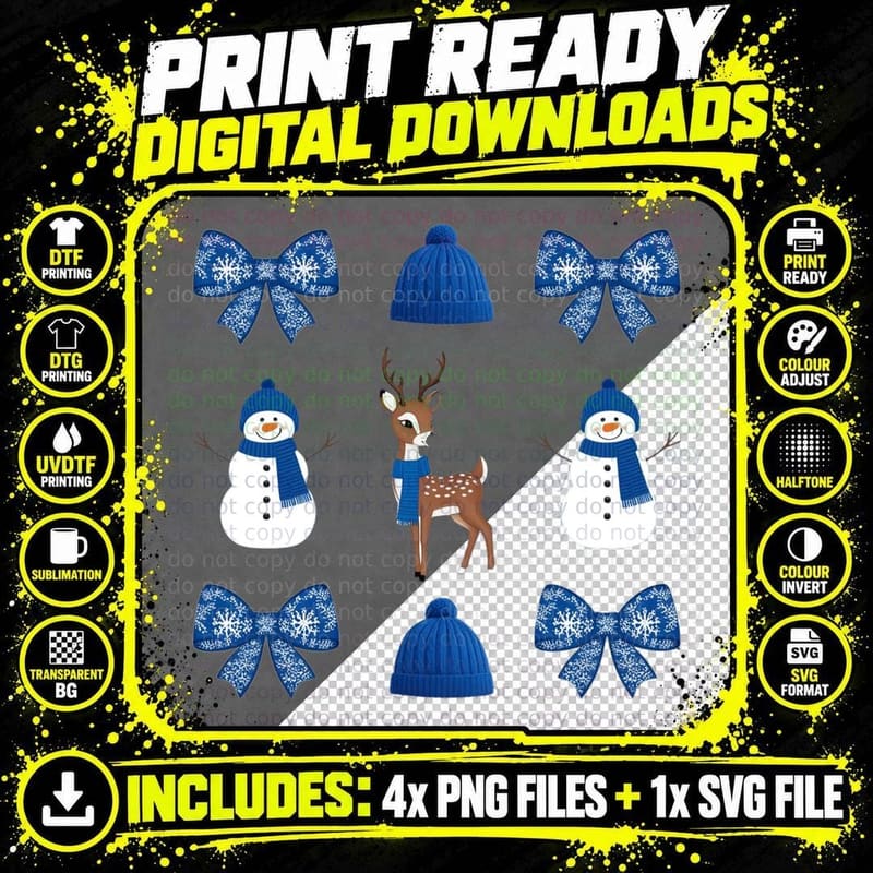 Winter Wonderland Blue Snowflakes & Deer Winter T-Shirt Png SVG Digital Bundle