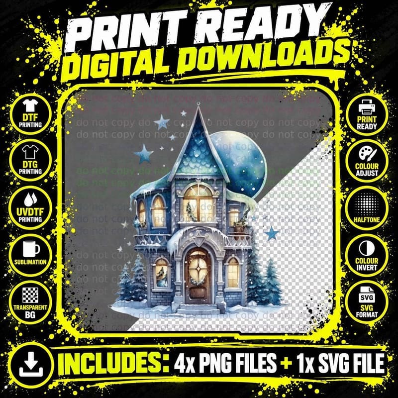 Winter Wonderland House with Snow and Stars Winter Png SVG Digital Bundle