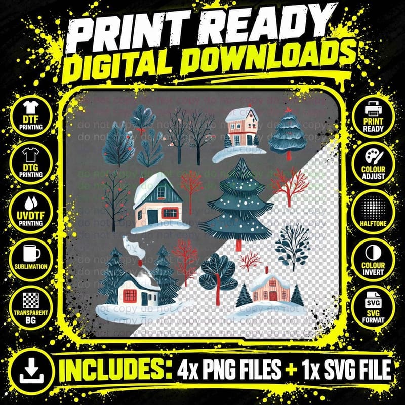 Winter Wonderland Scene with Houses and Trees Winter Png SVG Digital Bundle
