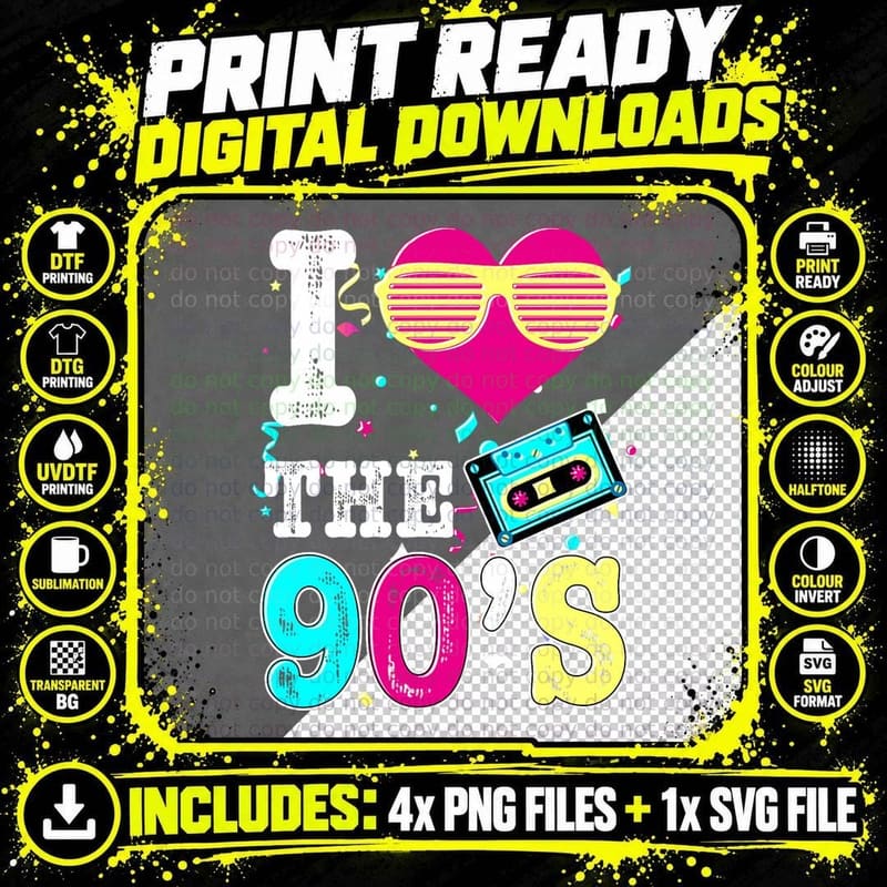 90's Clothes - 90's Party Supplies - Nineteen Ninety Png SVG Digital Bundle