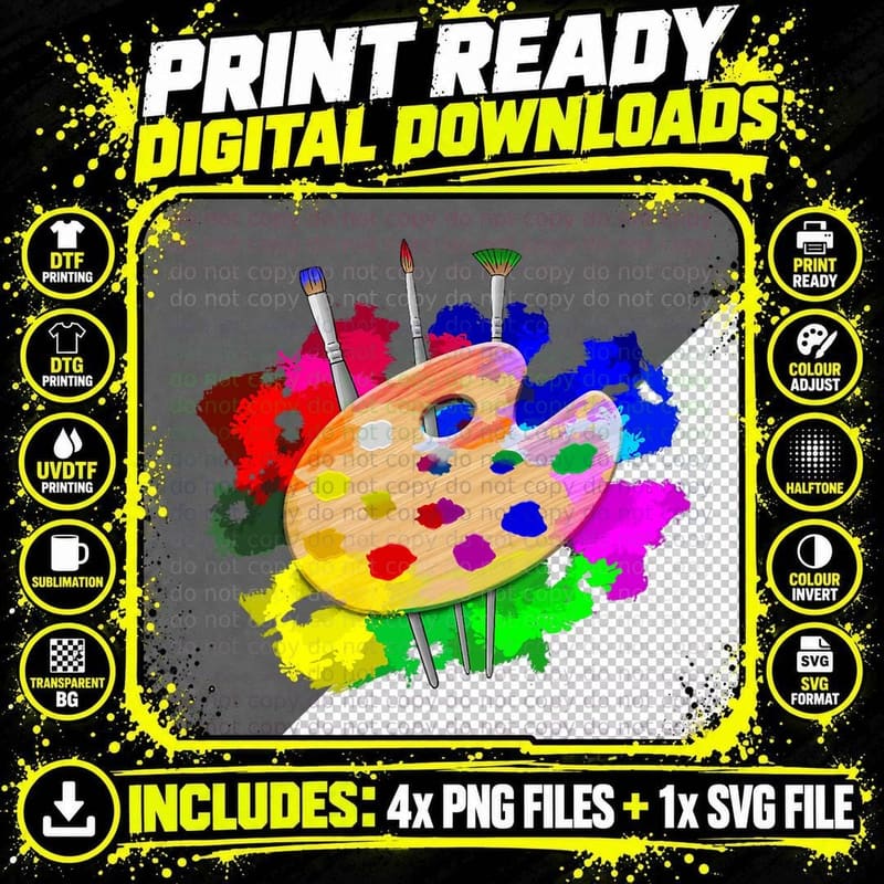 Artist Paint Palette and Brushes Art, Artist Gift Png SVG Digital Bundle