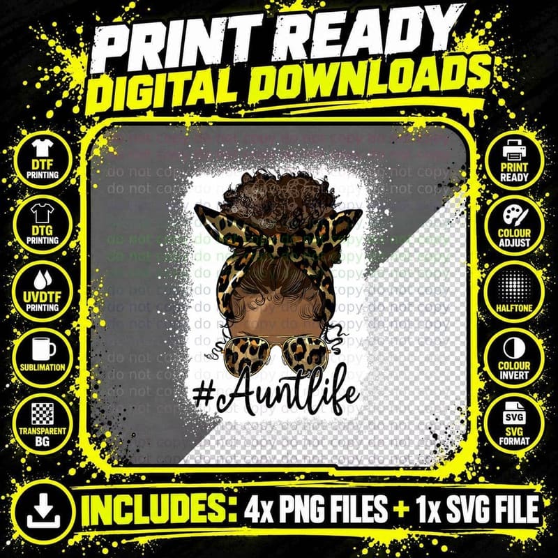 Aunt Life Black Women Afro Messy Bun Leopard Mother's Png SVG Digital Bundle