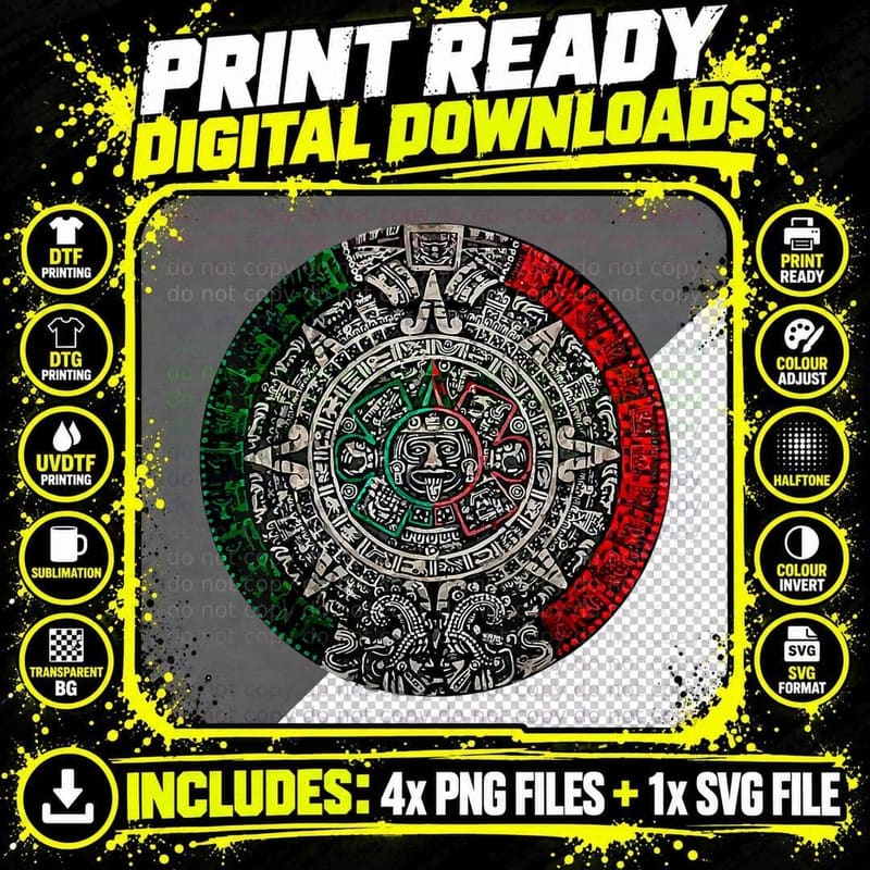 Aztec Calendar Sun Stone Mexican Art Carving Maya Mayans Png SVG Digital Bundle