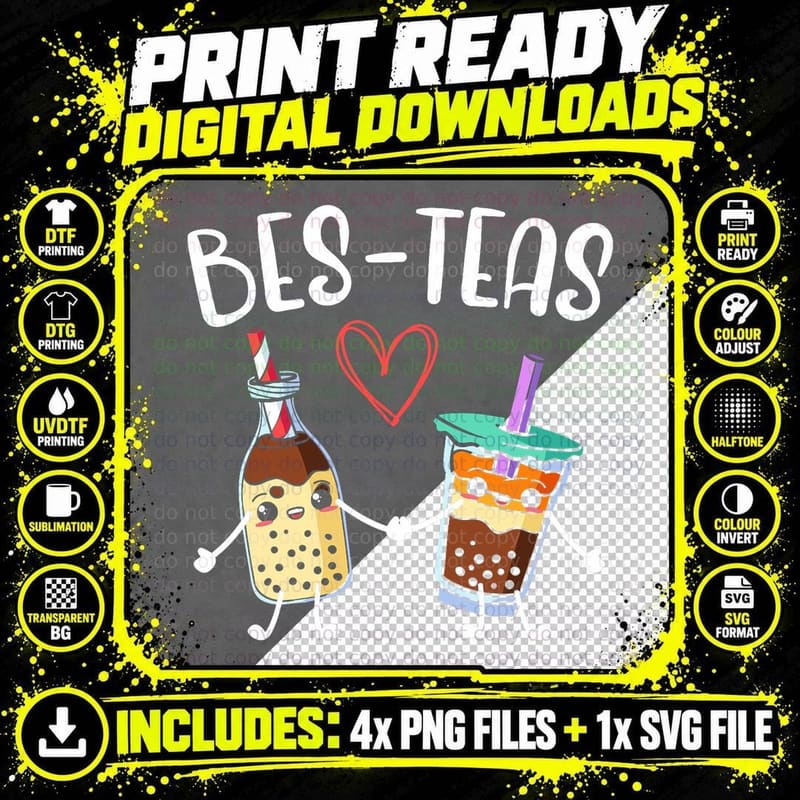 Bes-Teas Bubble Tea Drinker Tapioca Pearl Milk Boba Tea Png SVG Digital Bundle