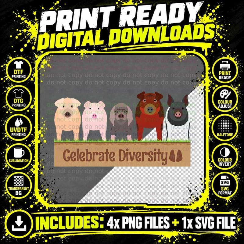 Celebrate Diversity for Pig Lovers Farm Breed Cute Pig Png SVG Digital Bundle