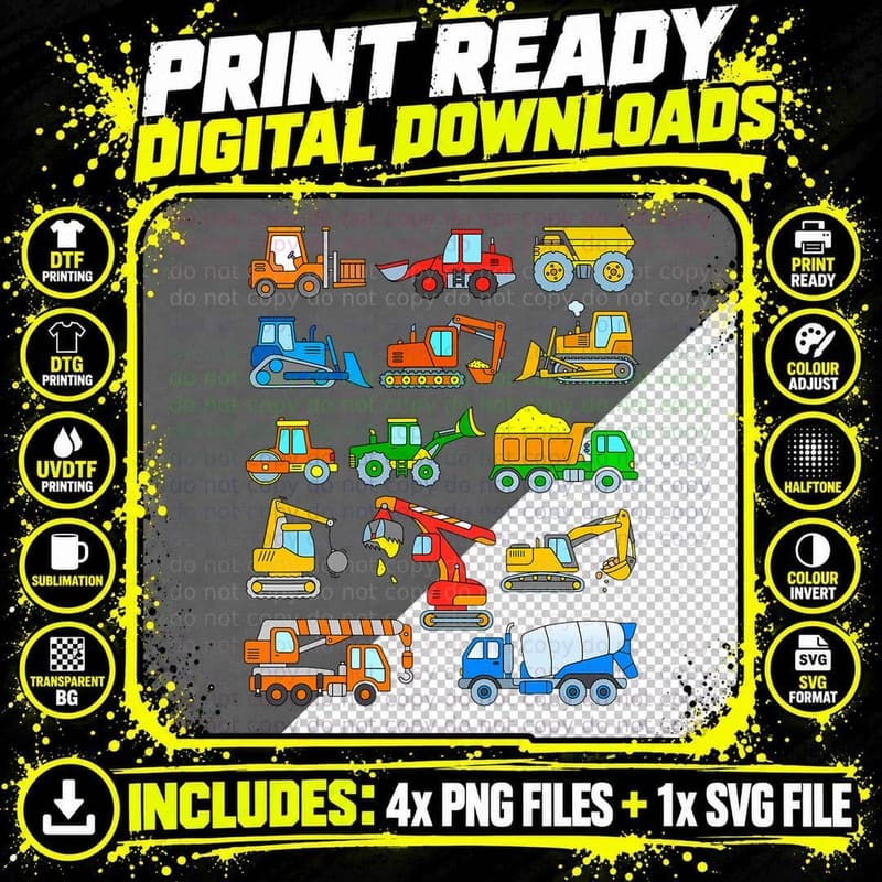 Construction Excavator Shirt for Boys Girls Men and Png SVG Digital Bundle