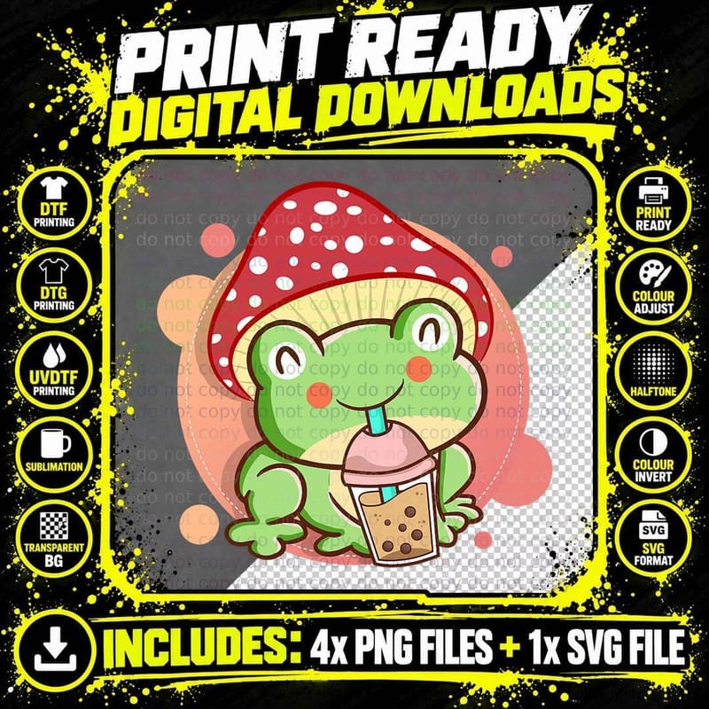 Frog Boba Tea Bubble Mushroom Hat Cottagecore Aesthetic Png SVG Digital Bundle