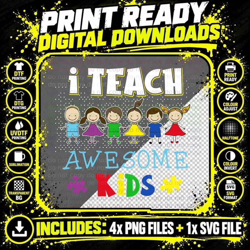 I Teach Awesome Kids Shirt, Neurodiversity, Puzzle Piece Png SVG Digital Bundle