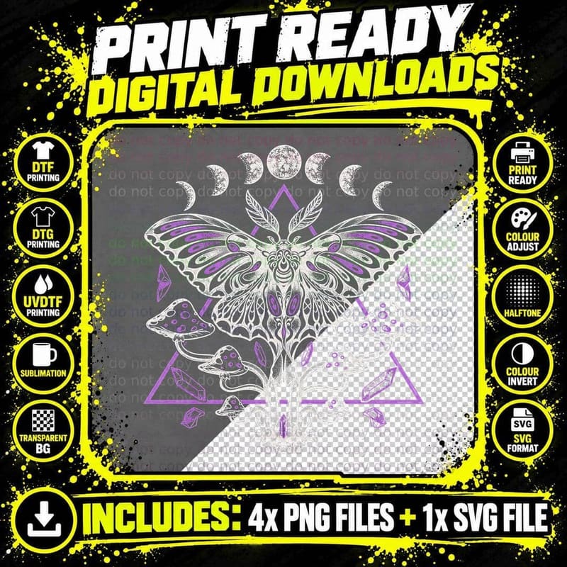 Luna Moth Mushrooms Purple Sacred Geometry Cottagecore Png SVG Digital Bundle