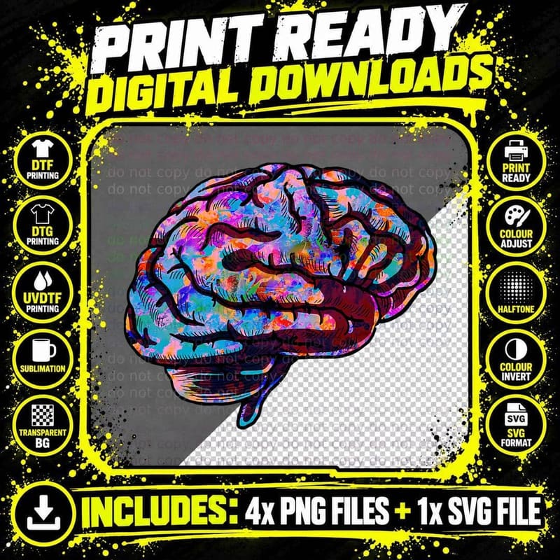 Phsychedelic Art Tie Dye Human Brain Cool Neurologist Png SVG Digital Bundle
