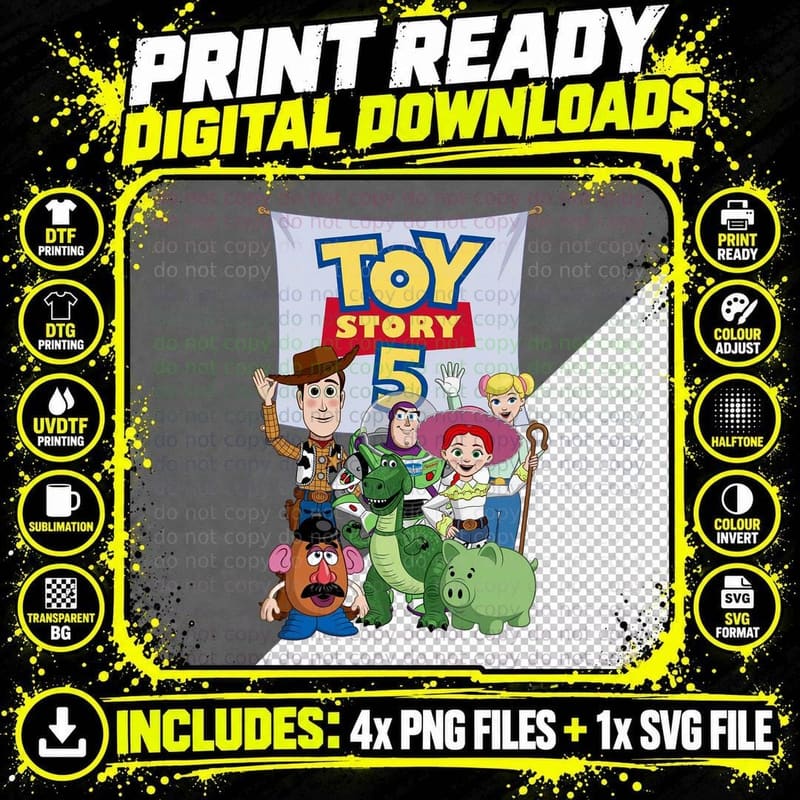 Toy Story 5 Group Cast Woody Buzz Jessie Rex Bo Peep Png SVG Digital Bundle