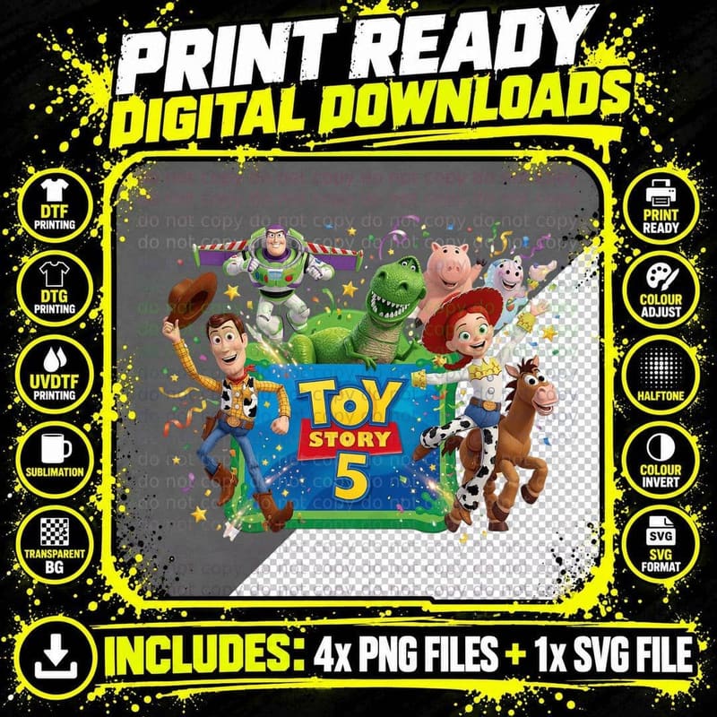 Toy Story 5 Party Group Cast Woody Buzz Jessie Rex Png SVG Digital Bundle