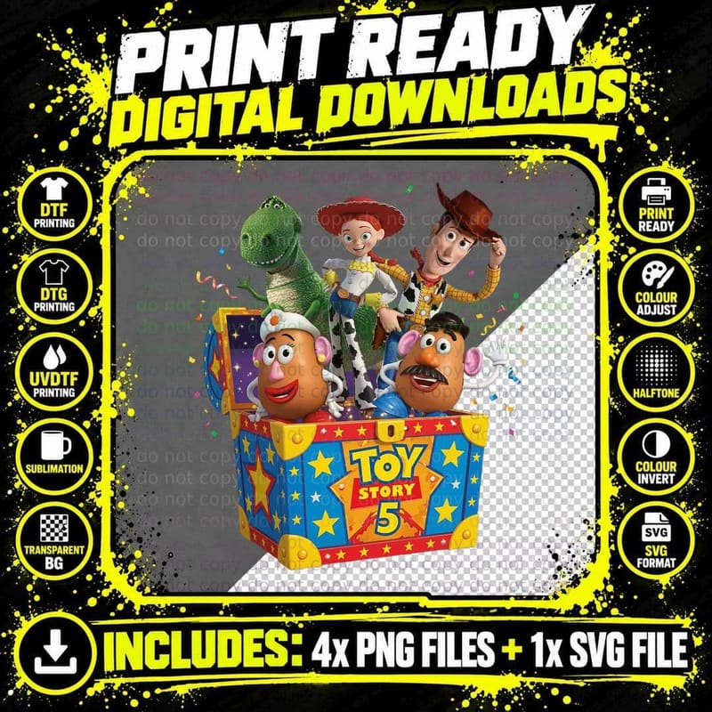 Toy Story 5 Surprise Box Confetti Woody Jessie Rex Png SVG Digital Bundle