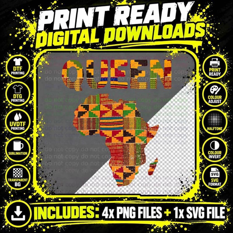 Cool African Queen Art Kente Cloth Africa Ghana Kids Png SVG Digital Bundle
