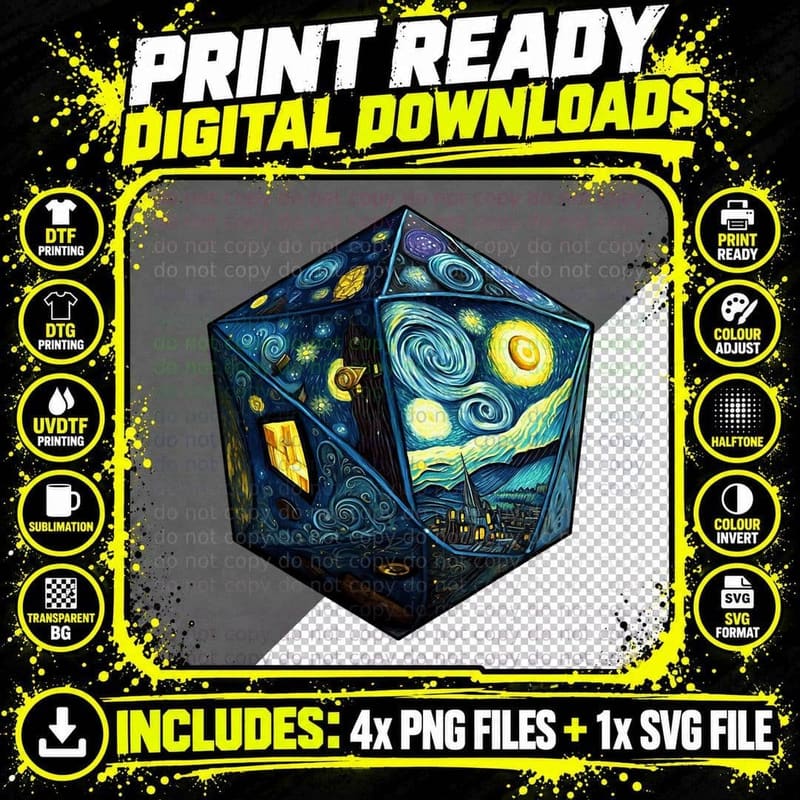 D20 Dice Art Van Gogh Starry Night Cool Realistic D20 Png SVG Digital Bundle