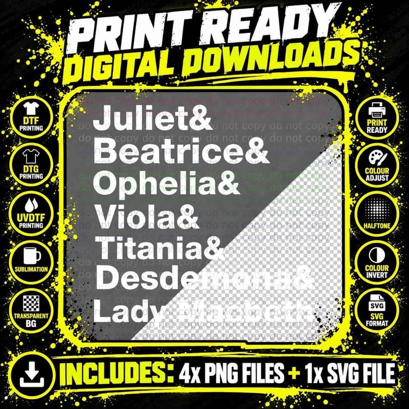 Female Characters of William Shakespeare Plays T-Shirt Png SVG Digital Bundle