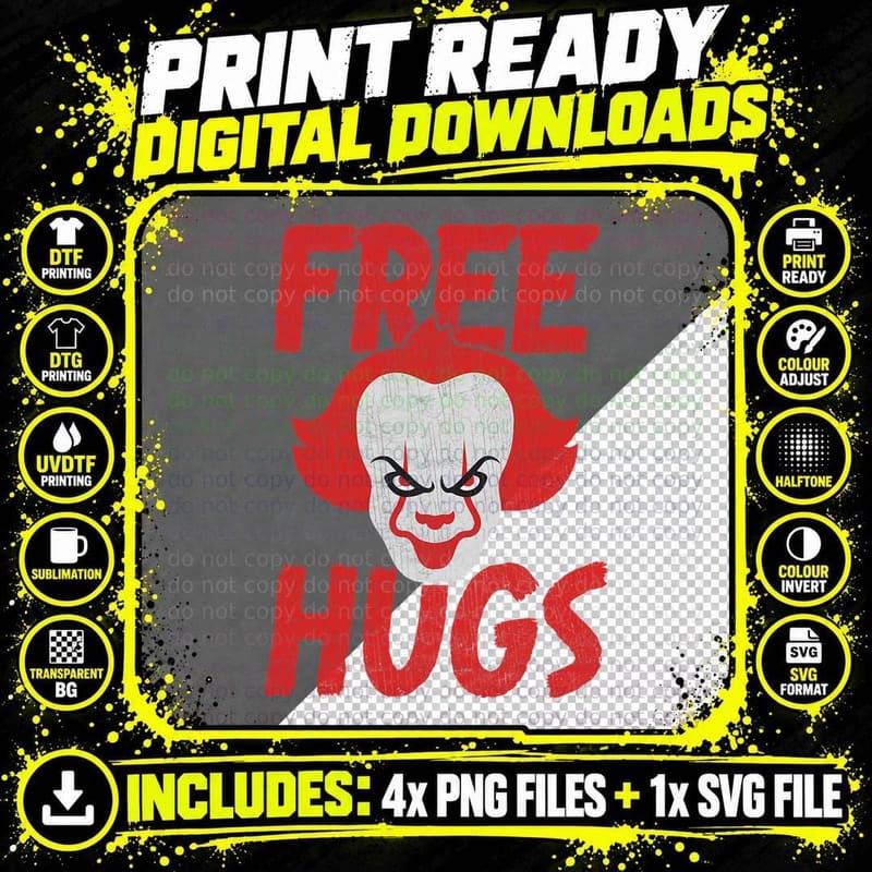 Free Hugs Killer Scary Clown Clothes for Kids T-Shirt Png SVG Digital Bundle