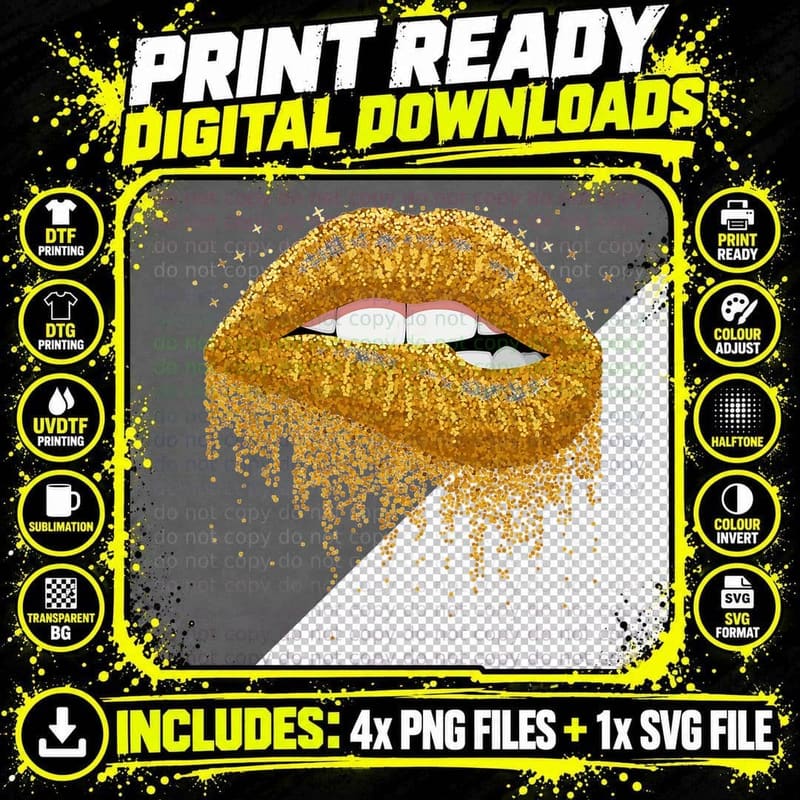 Gold Glitter Sparkle Mouth Lips T- Shirt Png SVG Digital Bundle