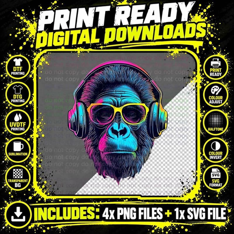 Gorilla with Sunglasses Monkey Tag for Kids, Teens Png SVG Digital Bundle