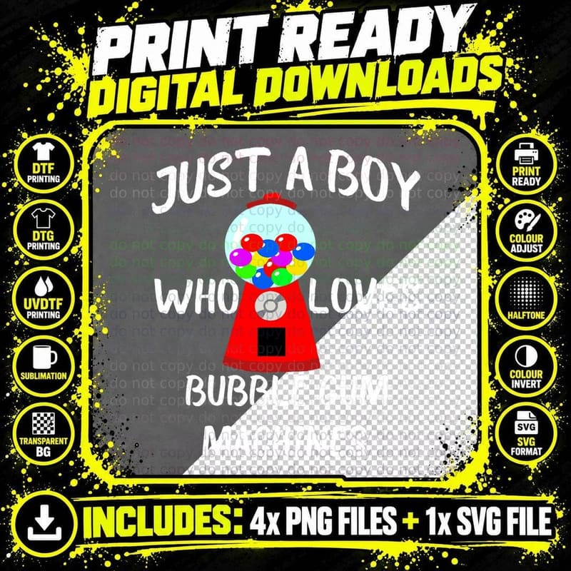 Just a Boy Who Loves Bubble Gum Machines Gumball T-Shirt Png SVG Digital Bundle