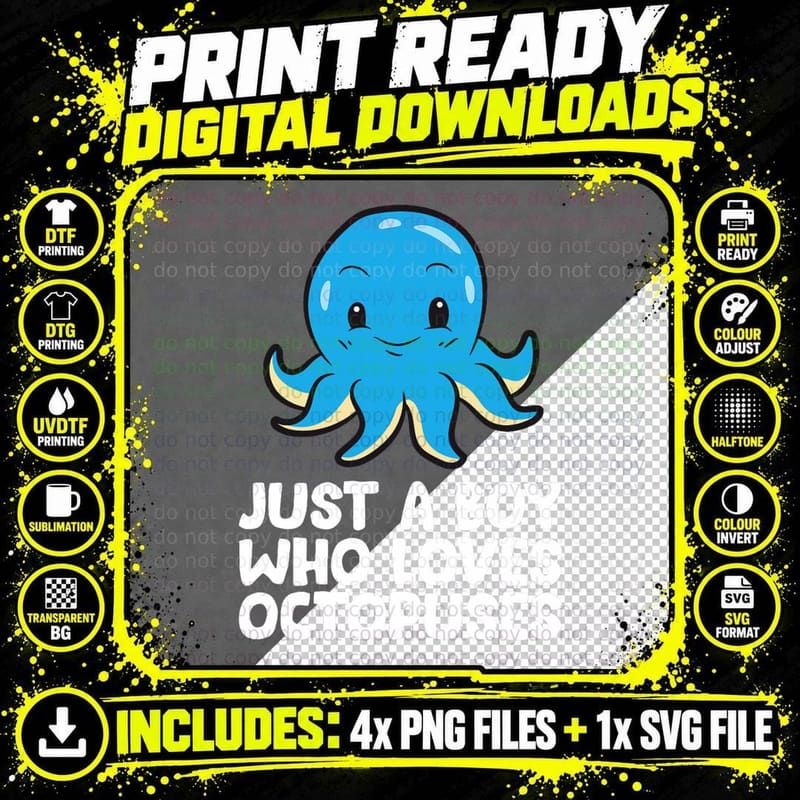 Just a Boy Who Loves Octopuses T-Shirt Png SVG Digital Bundle