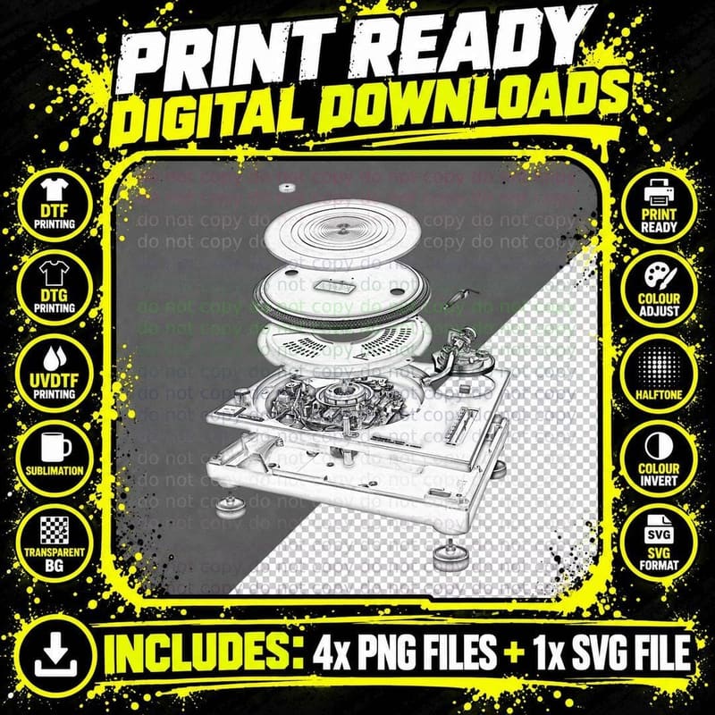 DJ Turntable 1210 MK2 Exploded Blueprint Design T-Shirt Png SVG Digital Bundle