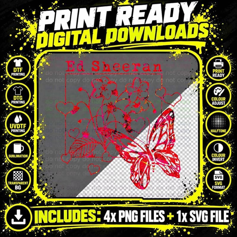 Ed Sheeran Red Wild Hearts and Butterflies T-Shirt Png SVG Digital Bundle